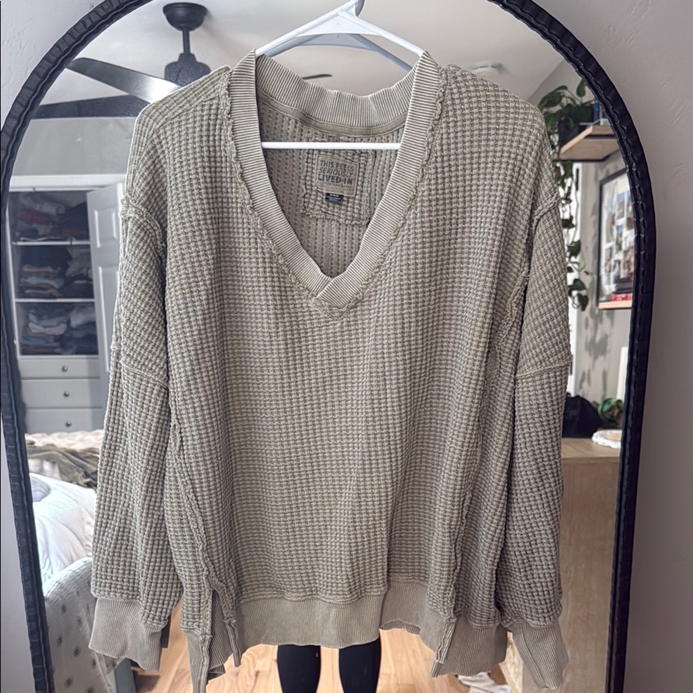 Aerie Waffle Knit V-Neck Sweater in Beige